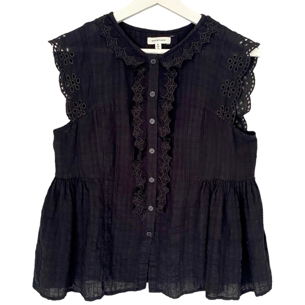 MAX STUDIO Peplum Top Sleeveless Ruffles Button Up Black Eyelet Women Size M